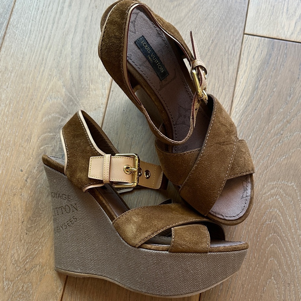 Louis Vuitton Tan Suede Wedge Sandals